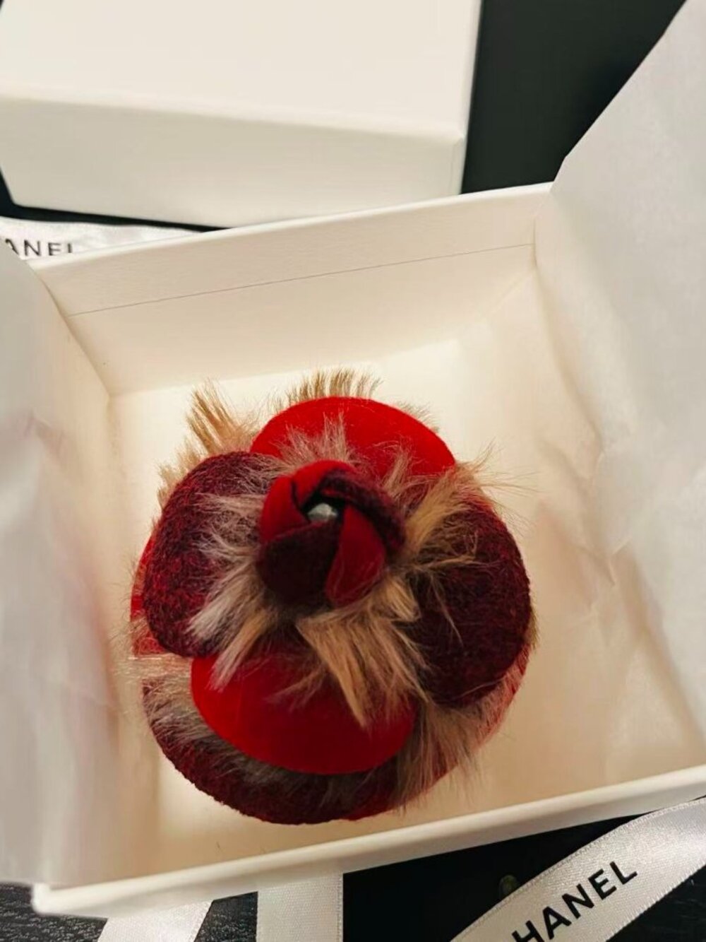 Elegant Chanel red  Camellia brooch